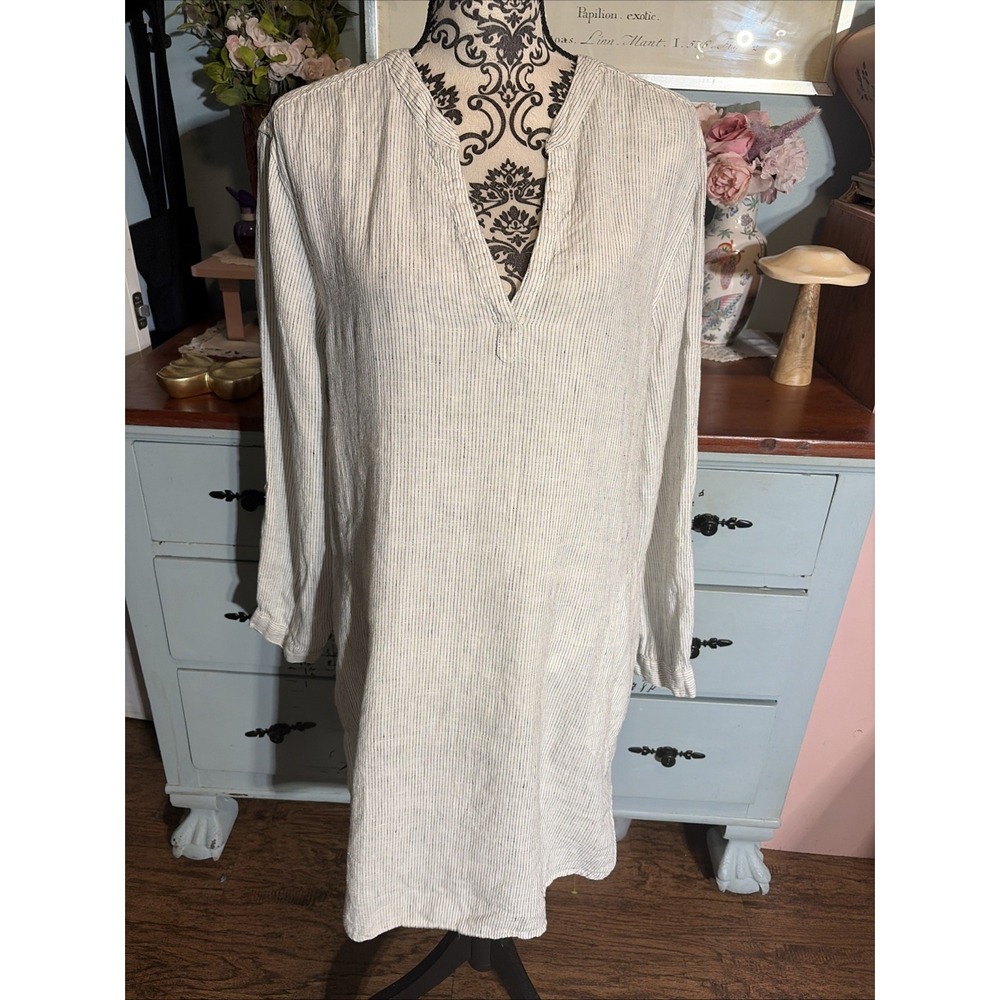 Tahari 100% Linen Black & White Striped Long Sleeve Tunic Dress Sz XL. Boho